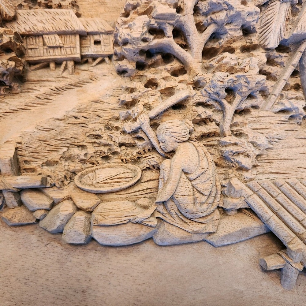 Southeast Asian Hand Carved Wood High Relief Pastoral Rustic Village Hut Scene - Picture 6 of 11